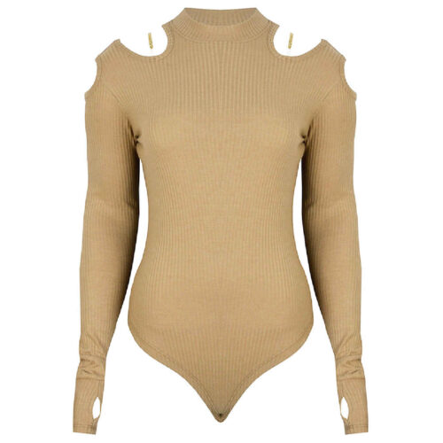 Women's Cream Long Sleeve Bodysuit with Thumbholes for Comfortable Casual Wear
