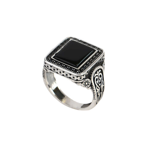 Black Agate Silver Gemstone Ring for Men – Classic Traditional Persian Design