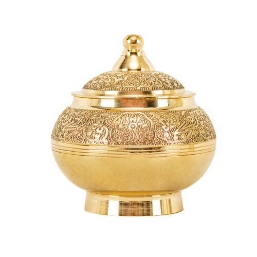 Elegant Brass Sugar Bowl with Intricate Lid