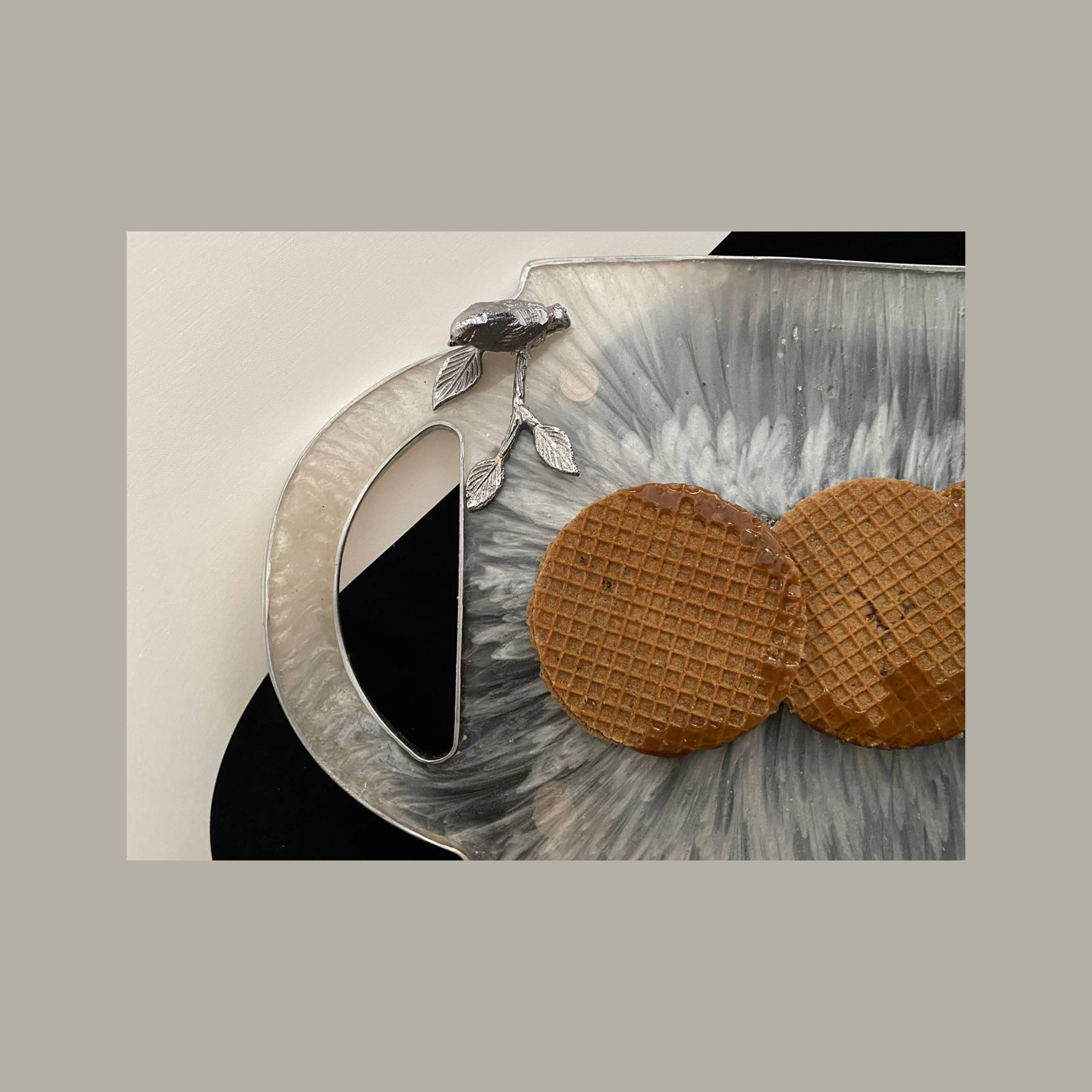 Elegant Resin Serving Tray – Modern Abstract Silver Tray with Handles