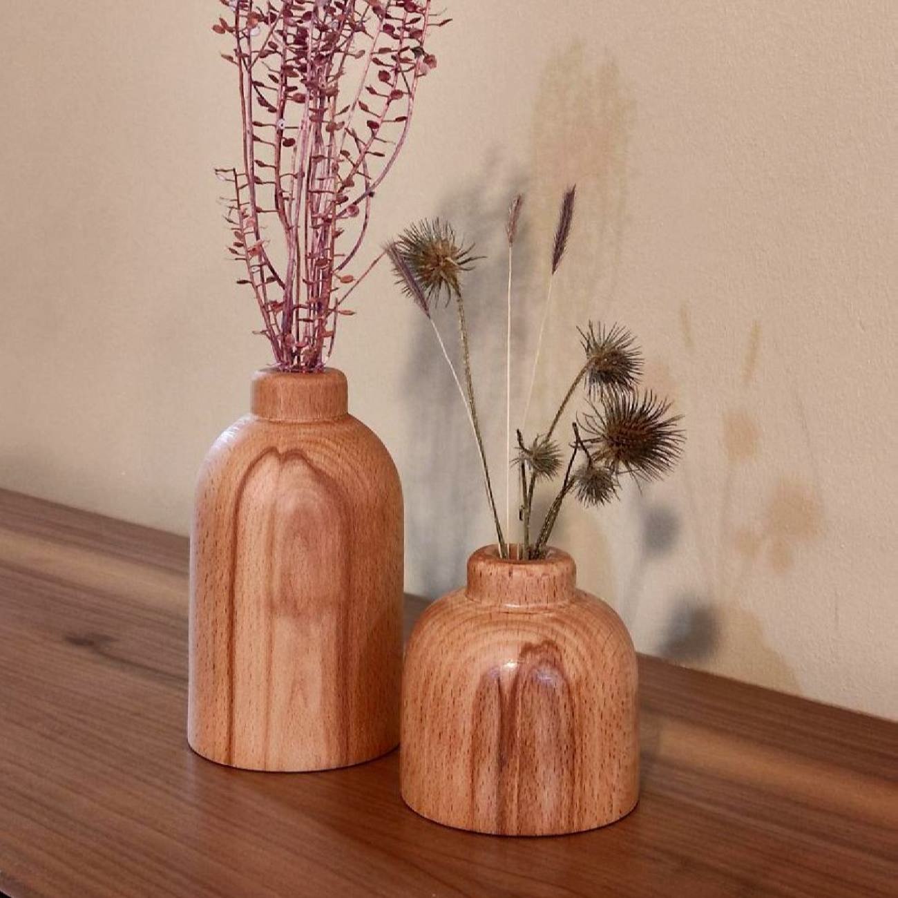 Set of Two Decorative Wooden Mini Flower Vases, Suitable for Both Rustic and Modern Home Decor Styles