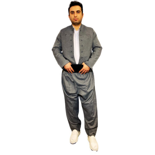 Men's Traditional Kurdish Clothing Set in Gray with Vest and Pishtwen, Model Maleki