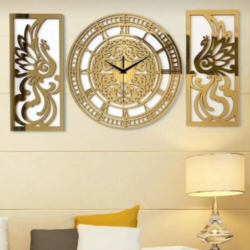 Modern 3-Piece Wooden Wall Clock Set with Simurgh Design – Persian-Inspired Decor for Living Rooms