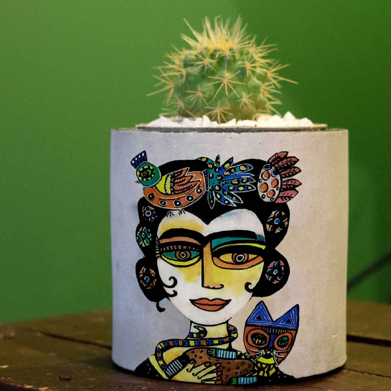 Persian Elegance Concrete Vase in Gray, Featuring a Boho-Inspired Girl with Cat Design for a Playful Touch