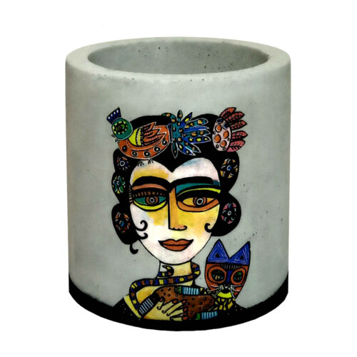 Persian Elegance Concrete Vase in Gray, Featuring a Boho-Inspired Girl with Cat Design for a Playful Touch