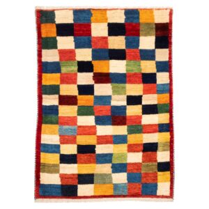 Authentic Handwoven Persian Geometric Gabbeh Rug – Checkered Cream Wool Blend