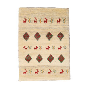 Genuine Handwoven Persian Minimalist Gabbeh Rug with Animal & Tree Motifs – Cream Wool