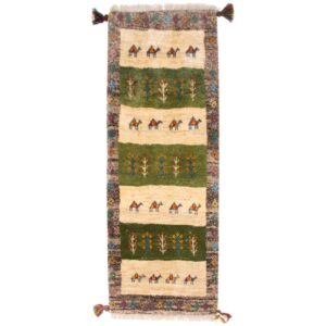 Handwoven Persian Gabbeh Runner Rug with Animal & Tree Motifs – Cream Wool