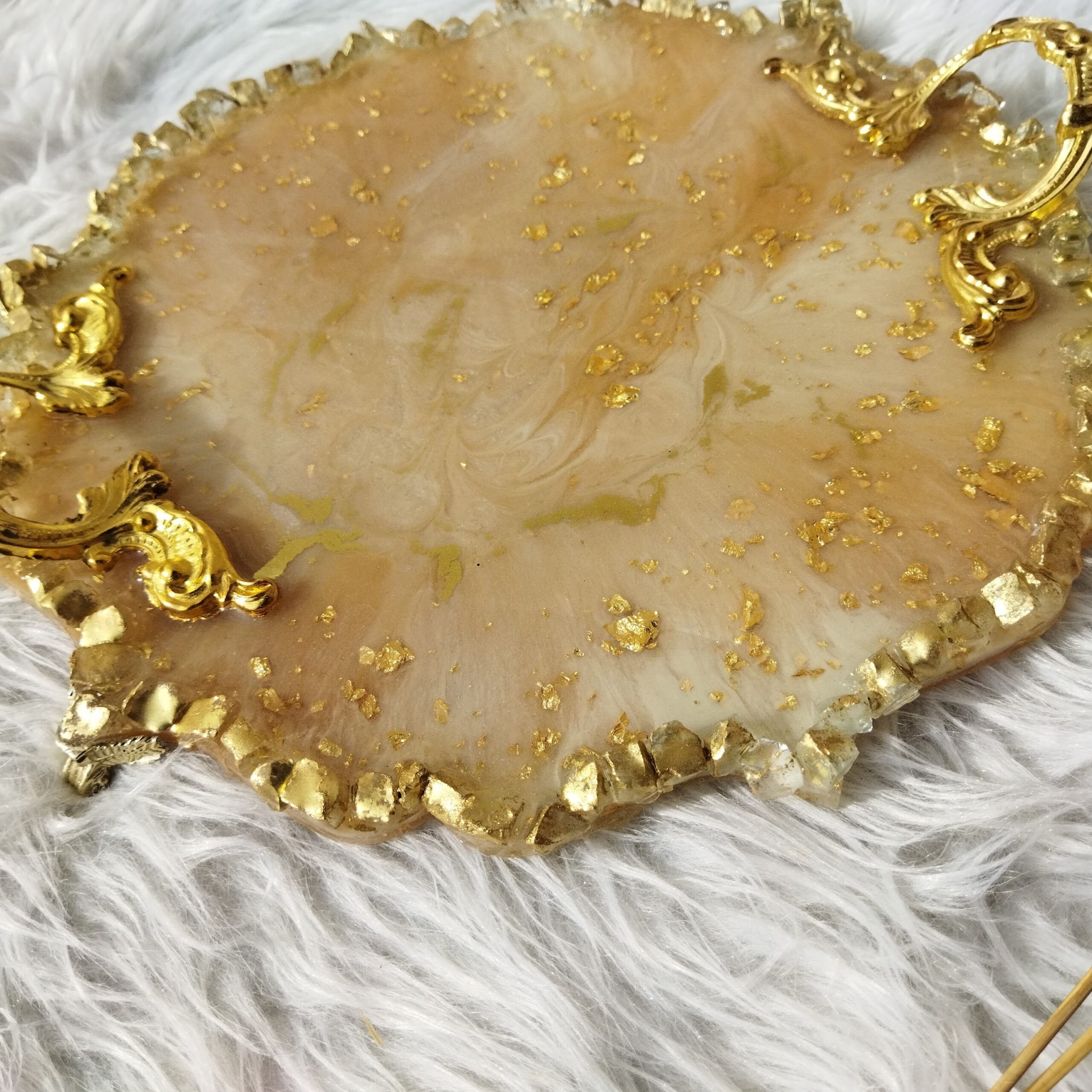 Modern Resin Serving Tray – Hand Painted Abstract Gold Tray with Handles
