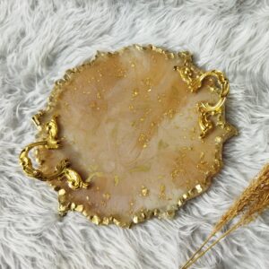 Modern Resin Serving Tray – Hand Painted Abstract Gold Tray with Handles