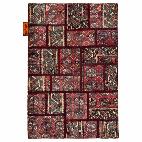 Vintage Persian Hand-Knotted Patchwork Carpet Geometric Red