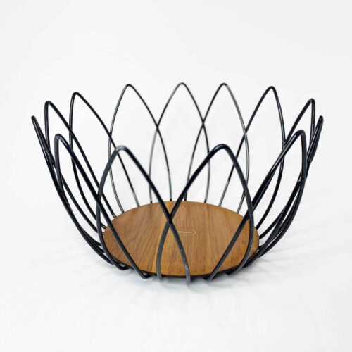 Wire Fruit Basket With Natural Wooden Base & Tulip Design