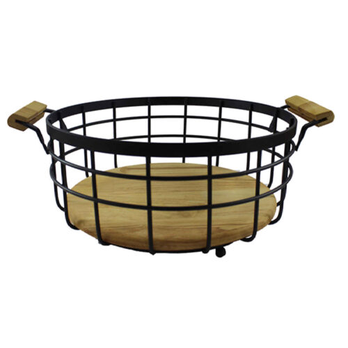Wire Fruit Basket with Natural Wooden Base with Handle