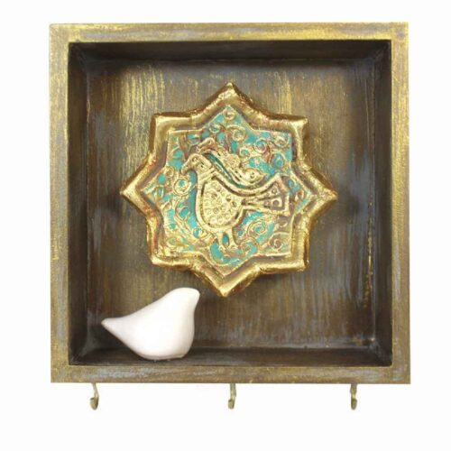 Handcrafted Persian Wooden Wall Key Holder with Bird Design for Entryway