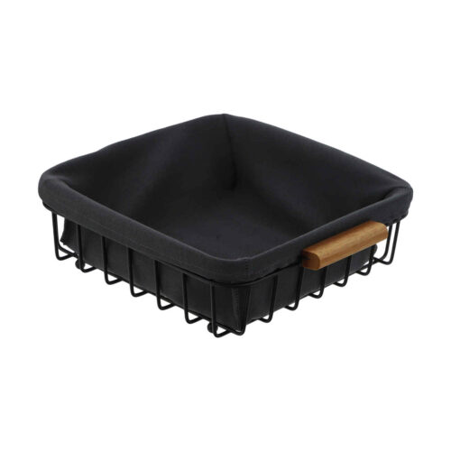 Black Metal Basket with Wood Handles and Fabric Lining – Stylish and Durable Design