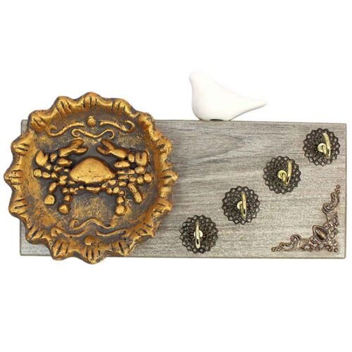 Wooden Wall Key Holder with Golden Crab Design and Traditional Tile for Entryway