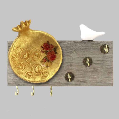 Wooden Wall Key Holder with Pomegranate and Bird Design for Entryway