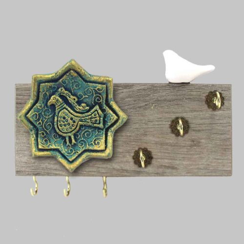 Wooden Wall Key Holder with Traditional Tile and Bird Design for Home Entryway