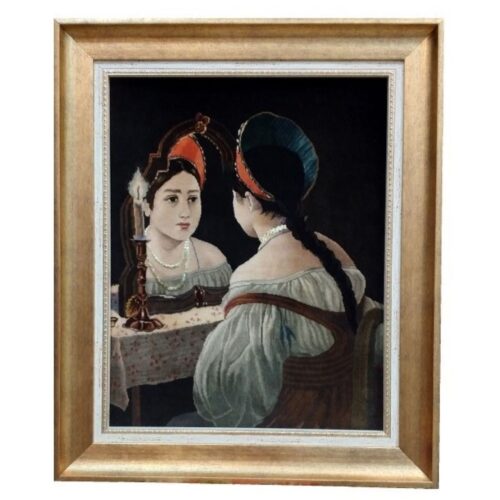 Hand-Knotted Persian Pictorial Wall Hanging Rug – A Girl in the Mirror, Tabriz