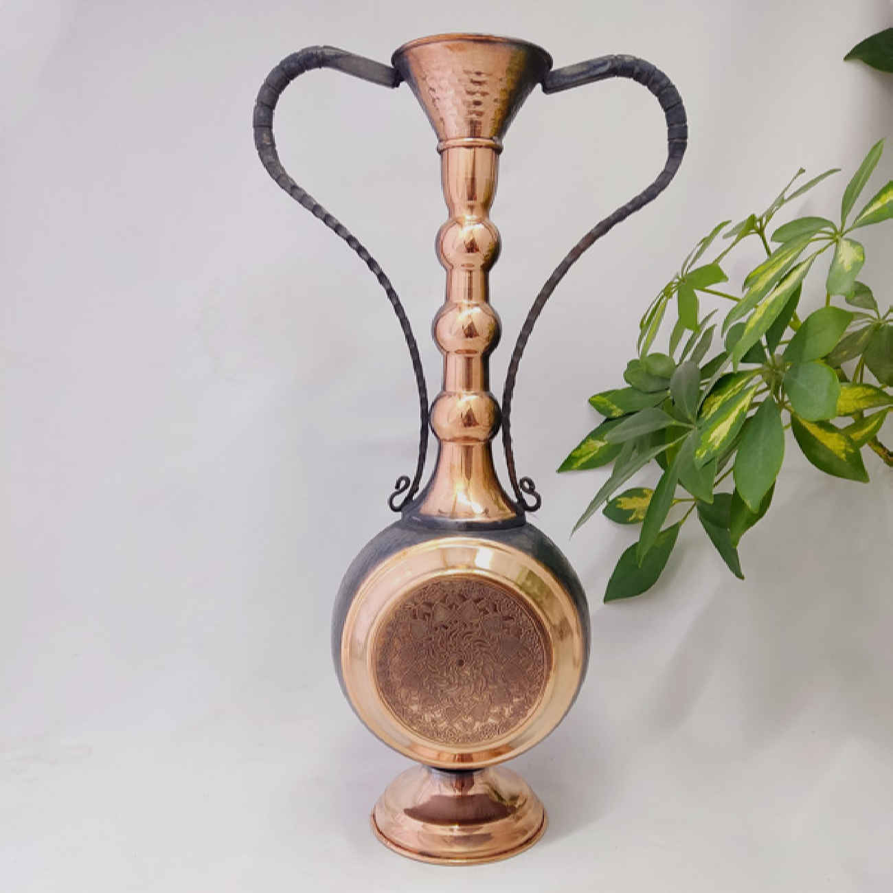 Handcrafted Copper Vase with Intricate Black Pen Detailing, Showcasing Traditional Persian Geometric Artistry