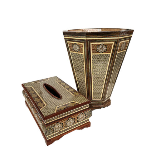 Handcrafted Persian Khatamkari Waste Basket and Tissue Box Set