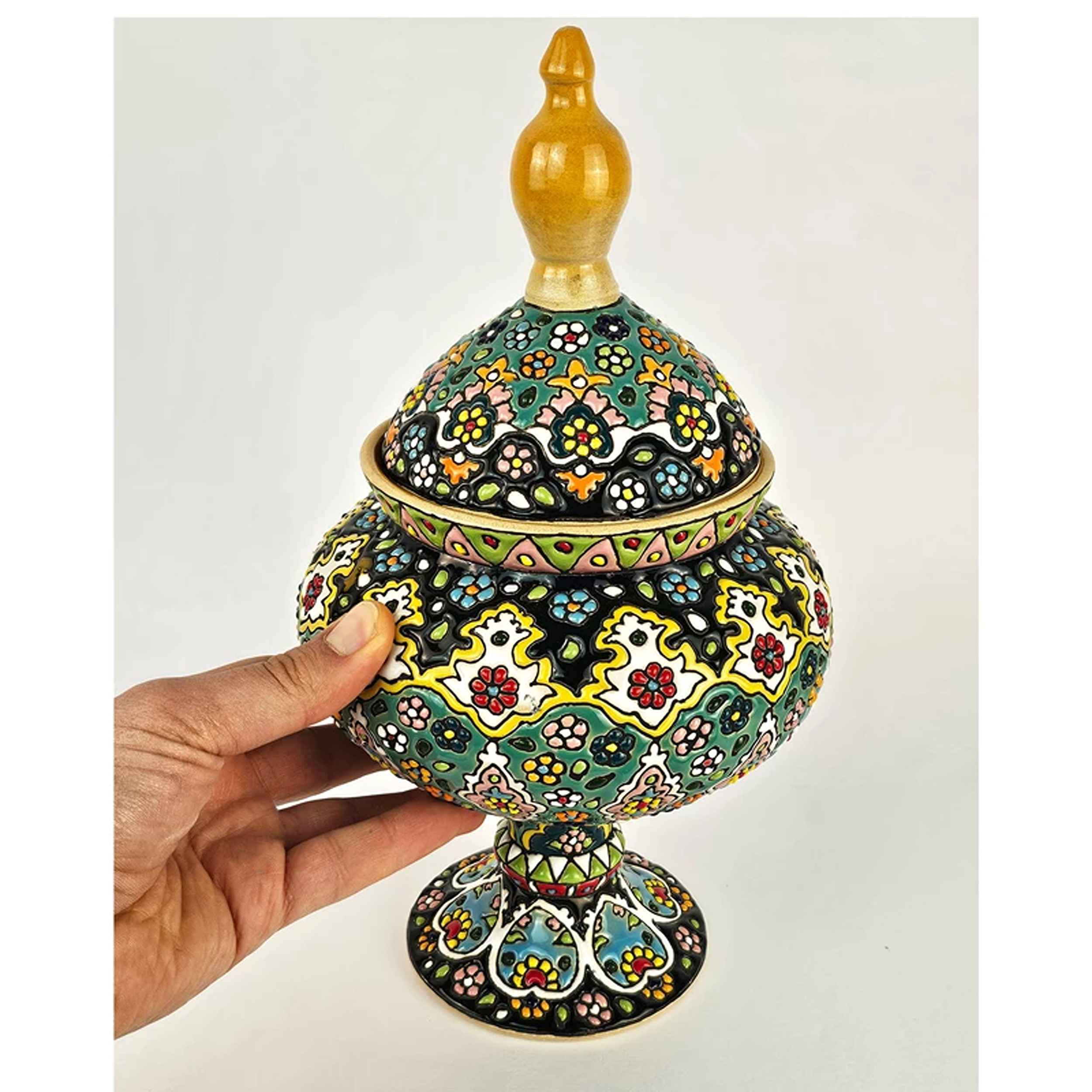 Handcrafted Persian Pottery Sugar Bowl with Lid – Minakari Enameled