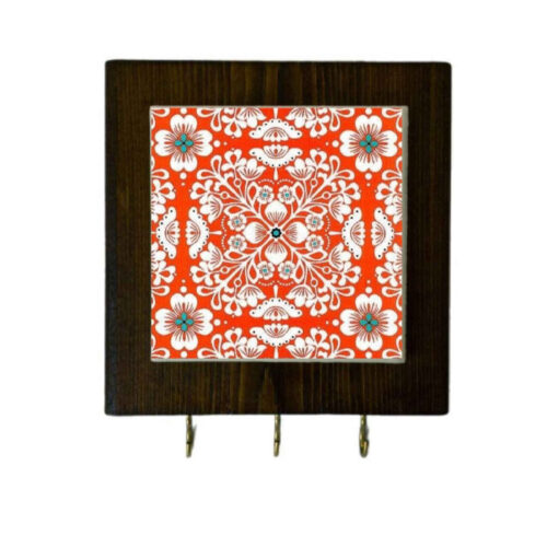 Handcrafted Red Ceramic Wall Key Holder with Wooden Frame and Floral Design