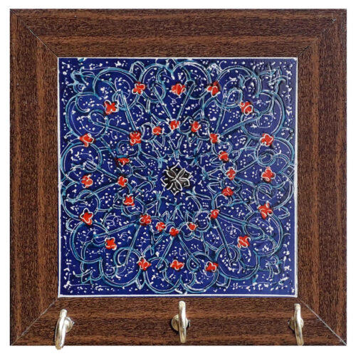 Handcrafted Enamel Ceramic Wall Key Holder with Wooden Frame and Floral Design