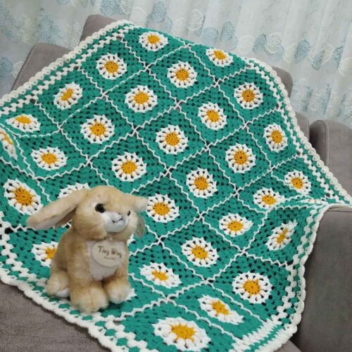 Hand-Crocheted Baby Blanket - Green Flower Motif