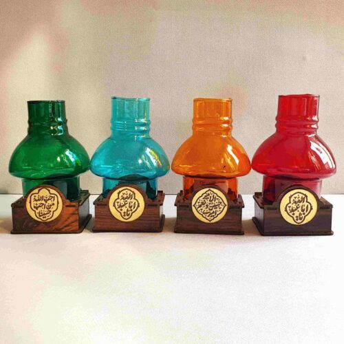 Islamic Glass Tealight Candle Holder with Wooden Base, Names of Imams Design