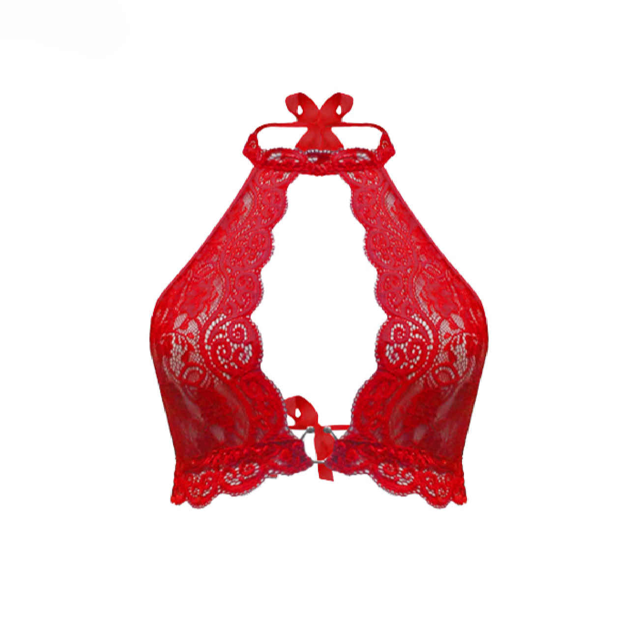 Lace Bra and Panty Set – in Bold Red Lace with Halter Neck