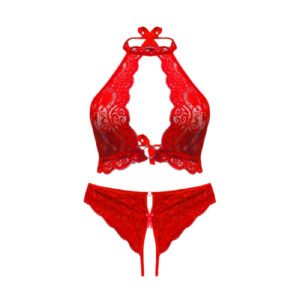 Lace Bra and Panty Set – in Bold Red Lace with Halter Neck