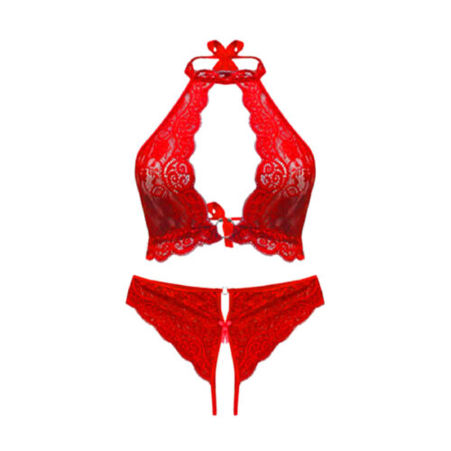 Women’s Red Lace Bra and Panty Set – Halter Neck Underwire Lingerie