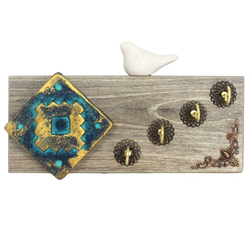 Wooden Wall Key Holder with Traditional Tile Design for Entryway Key Storage