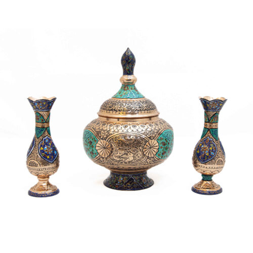 Persian Artisanal Gift Set 3-Piece Chocolate Bowl and Engraved Vase