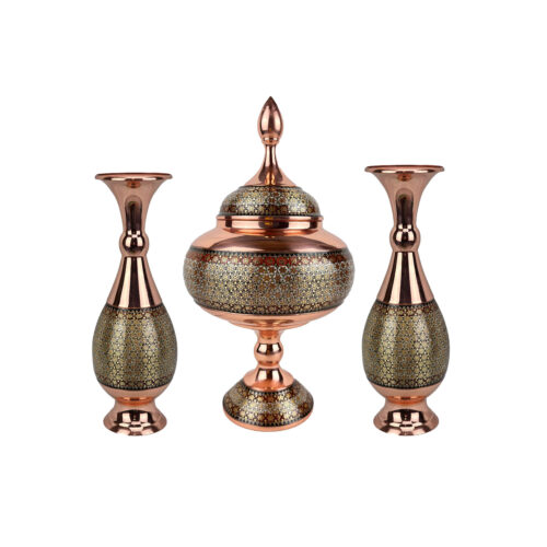 Persian Artisanal Gift Set 3-Piece Chocolate Bowl and Inlay Work Vase