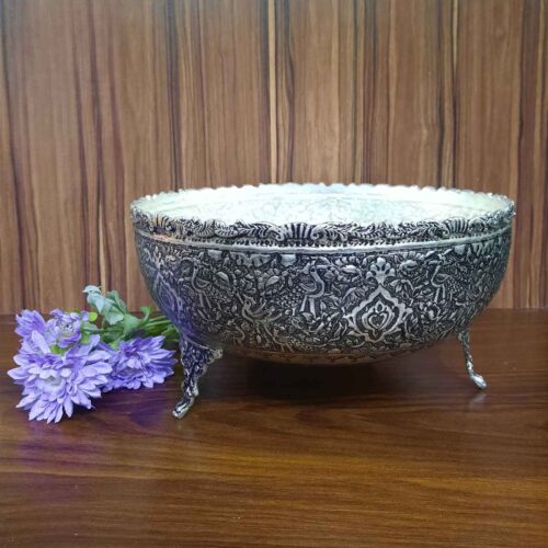 Persian Decorative Silver Bowl with Handcrafted Detailing – Ideal for Traditional Decor