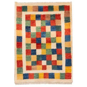 Authentic Handwoven Persian Geometric Gabbeh Rug – Checkered Cream Wool