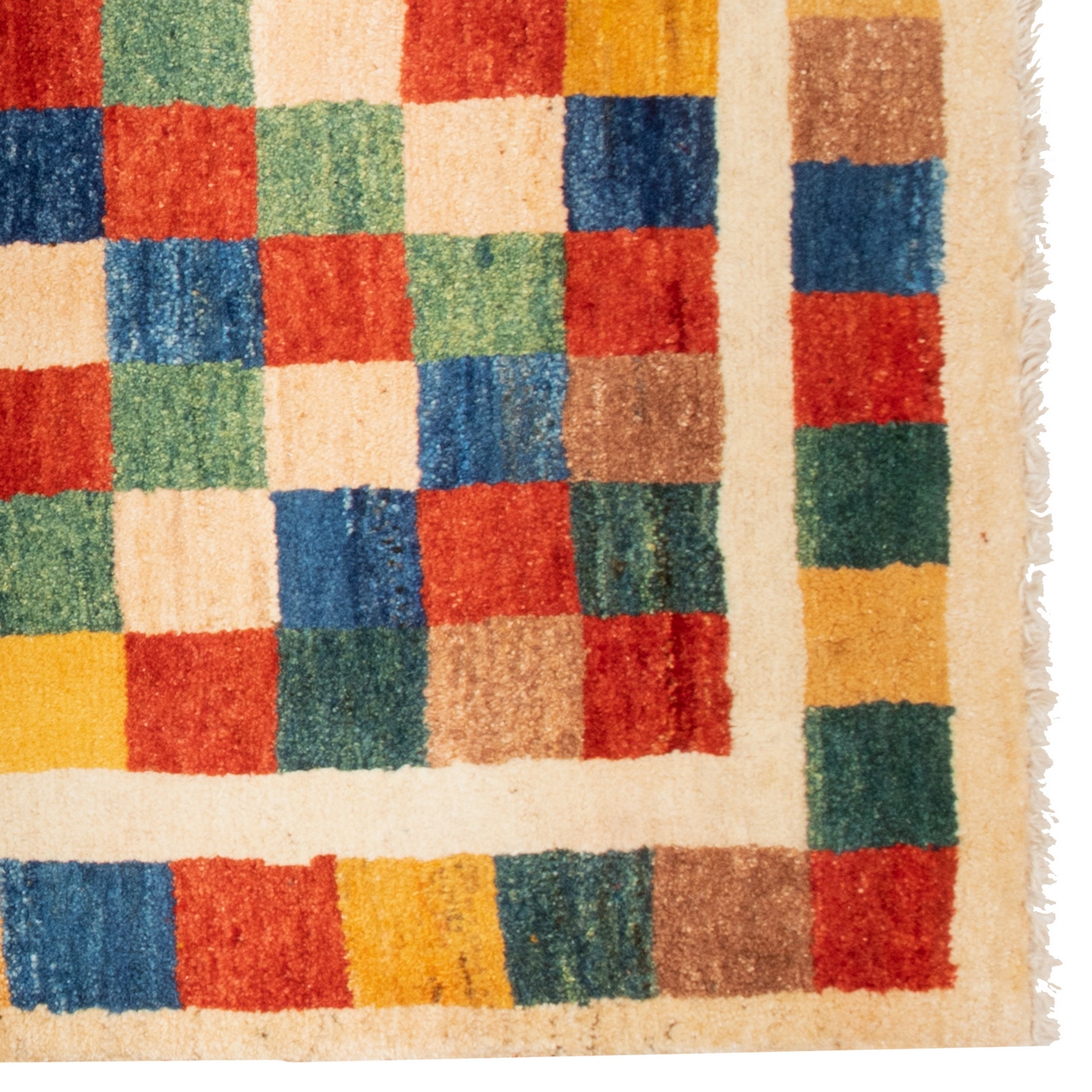 Authentic Handwoven Persian Geometric Gabbeh Rug – Checkered Cream Wool