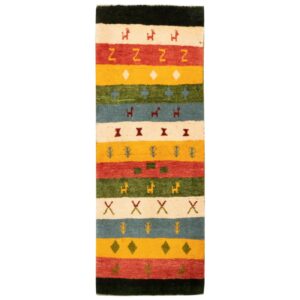Handwoven Persian Striped Gabbeh Runner Rug with Animal Motifs – Green Wool