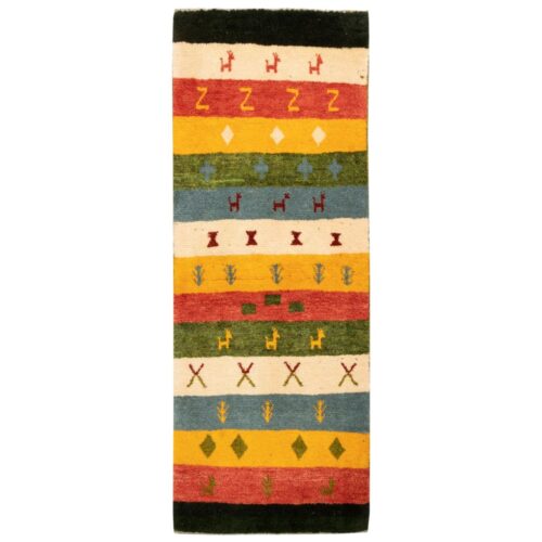 Handwoven Persian Striped Gabbeh Runner Rug with Animal Motifs - Green Wool