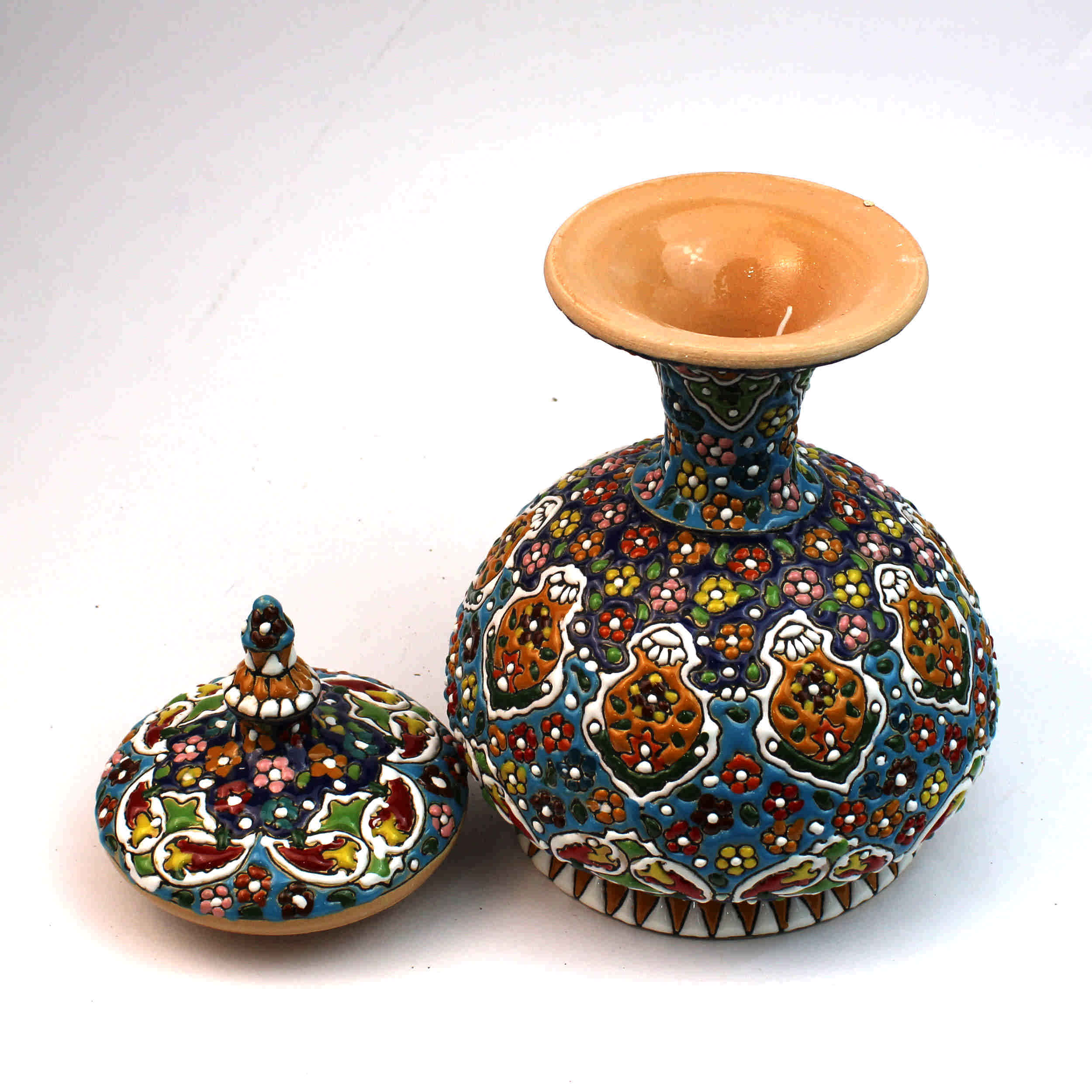 Persian Pottery Sugar Footed Bowl with Lid – Minakari Enameled with Floral Design