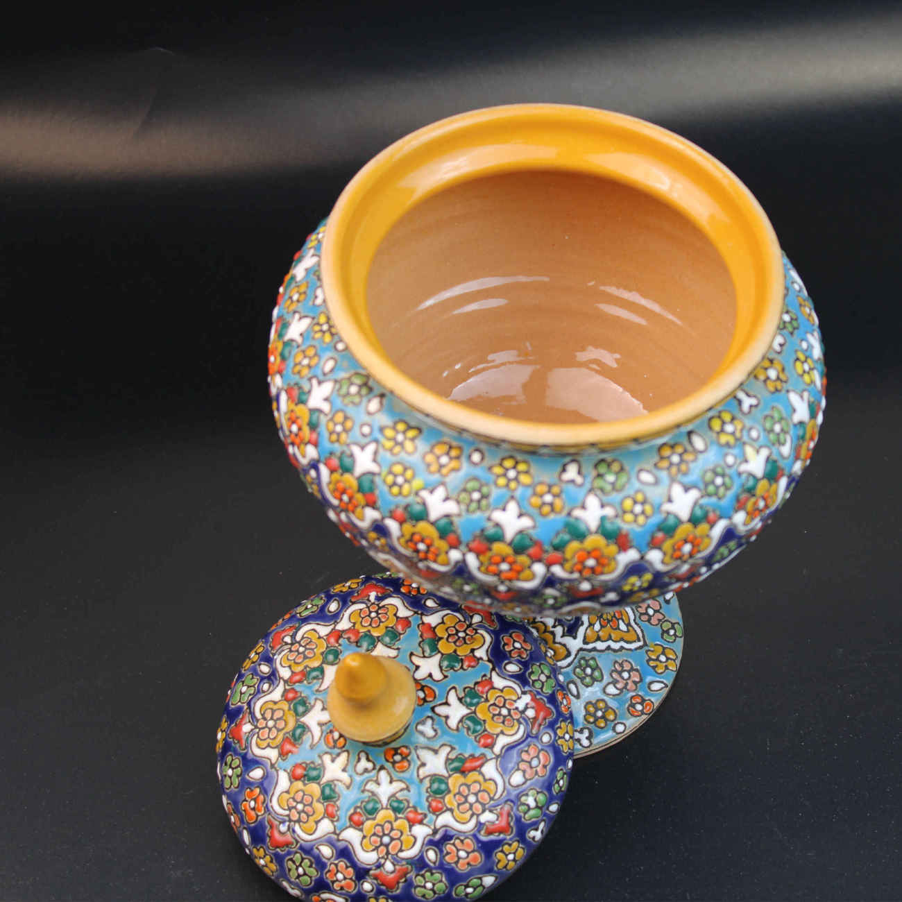Persian Pottery Sugar Bowl with Lid – Minakari Enameled with Floral Paisley Design