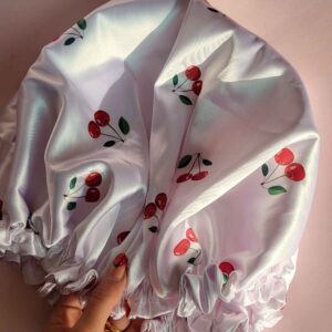 Silk Satin Night Sleep Bonnet Hat with Cherry Pattern – Ideal for Protecting Hair and Ensuring a Restful Sleep