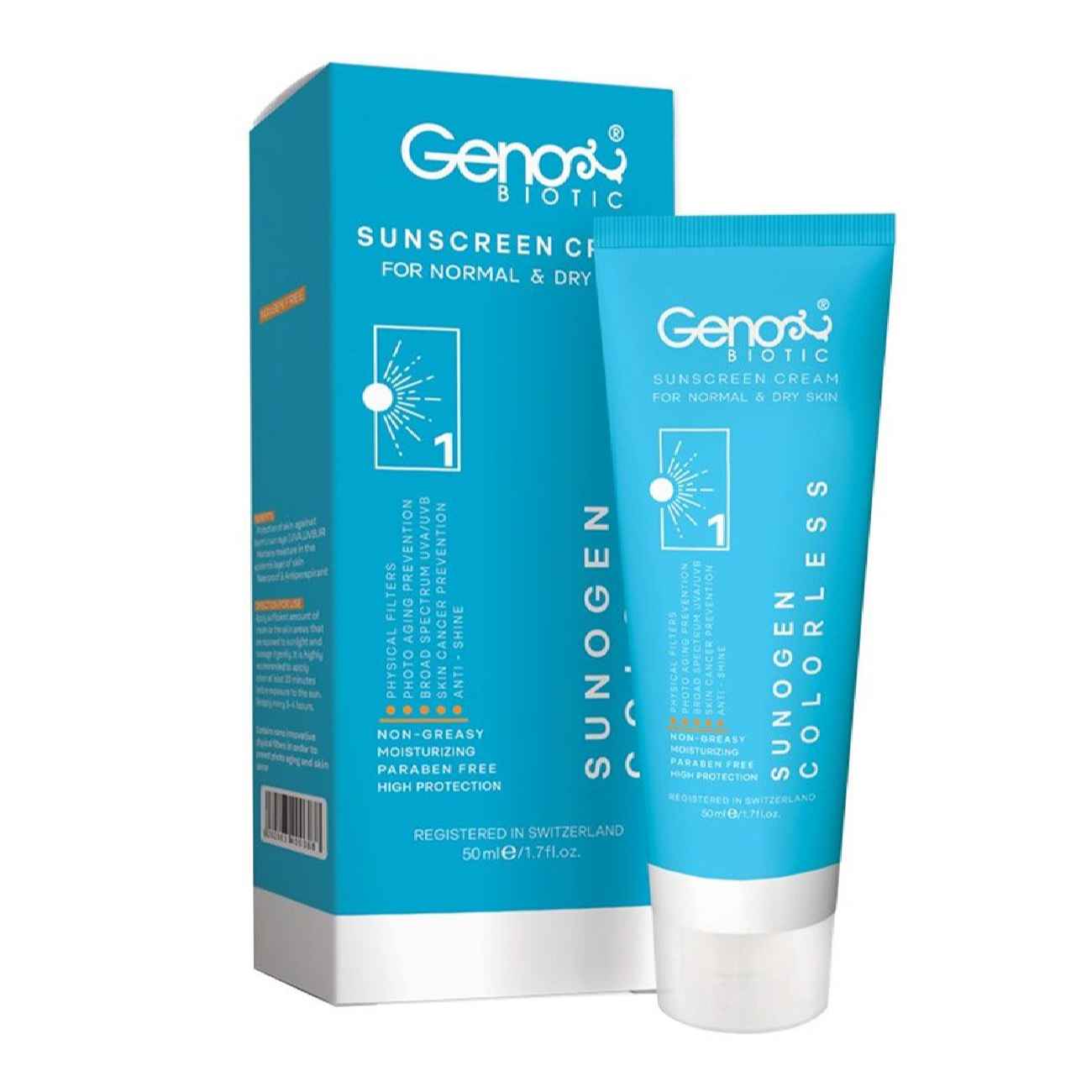 Sunscreen Cream for Dry Skin & Normal – Colorless – Geno Biotic SPF50, 50 ml (pack of 2)