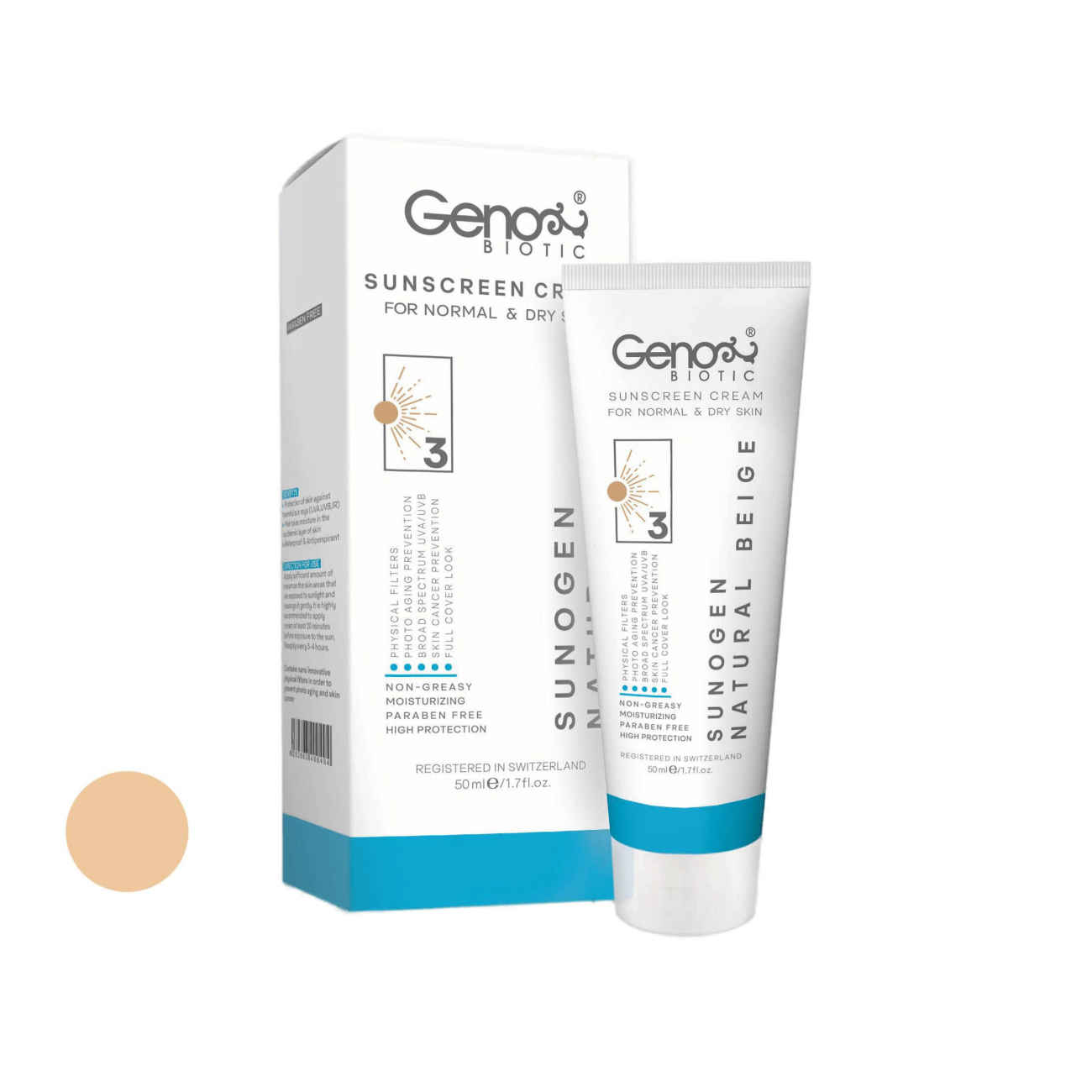 Sunscreen Cream for Dry Skin & Normal – Natural Beige Color – Genobiotic SPF50 Tinted (pack of 2)