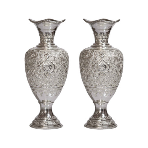 Set of Two Handcrafted Brass Vases, Adorned with an Elegant Pomegranate Design for a Classic Touch