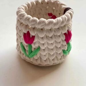 Tricot Crochet Basket with Tulip Design in Cream – Perfect Organizer