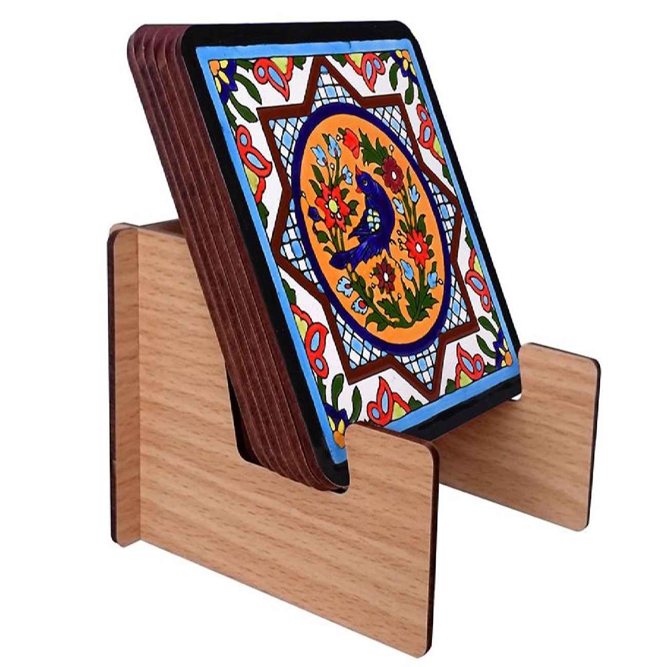Birds & Flowers Tile Coasters 6-Pack – Square Wooden Artistic Design