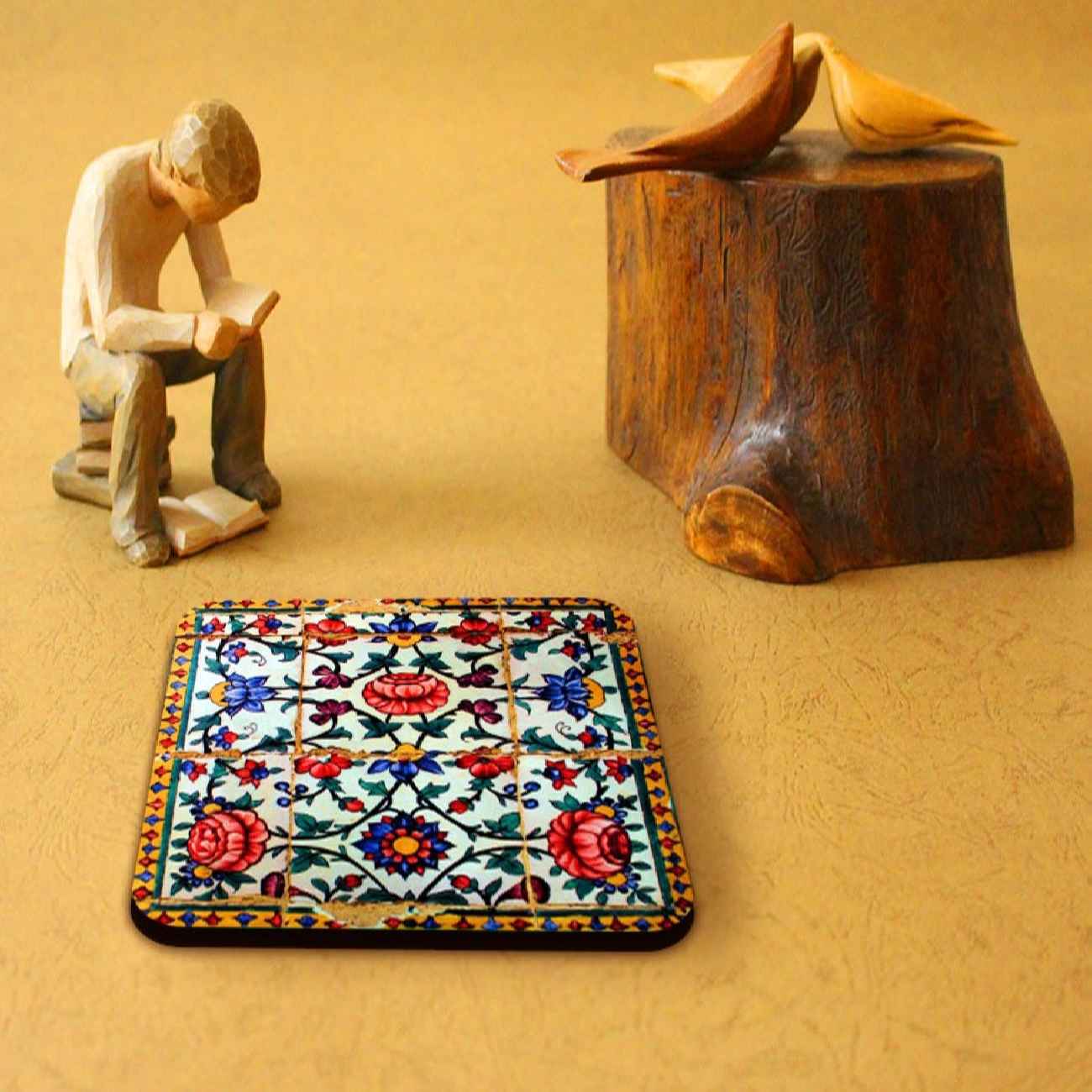 Floral Tile Coasters 6-Pack – Intricate Persian Design, Square Wooden